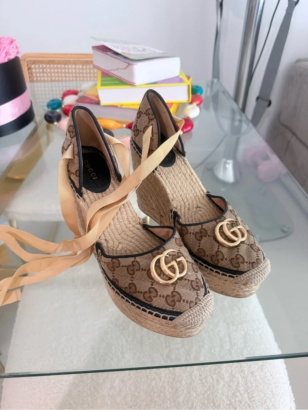 Gucci Brown Beige Monogram Espadrille Wedge Sandals with Gold Double G